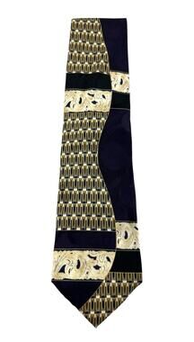 Vintage Ottimo Uomo 100% Silk Tie Navy Gold Geometric Baroque Made Korea